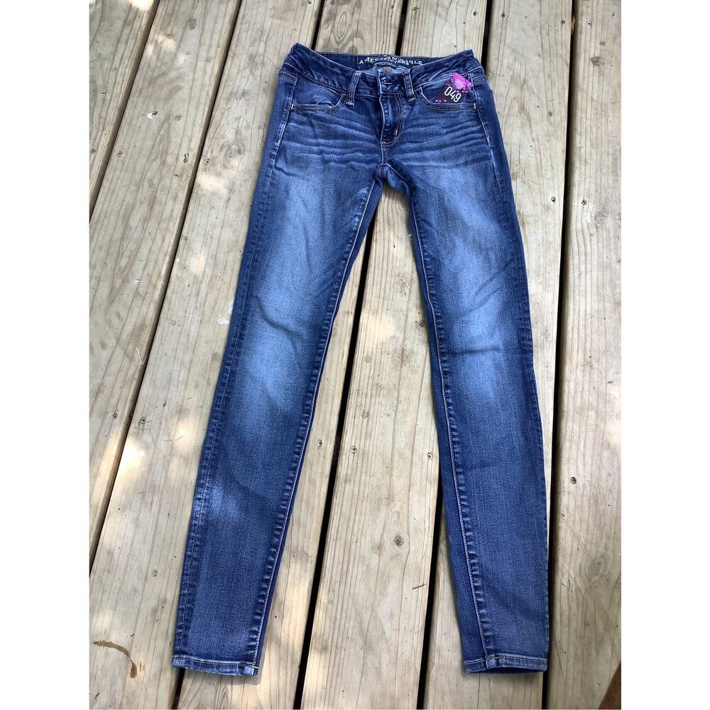 American Eagle Super Low Jeggings Size 2 Long Waist 26 Blue Stretch Denim Jeans